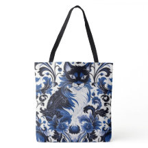 Dramatisk blå Art Deco katt stor axel tote