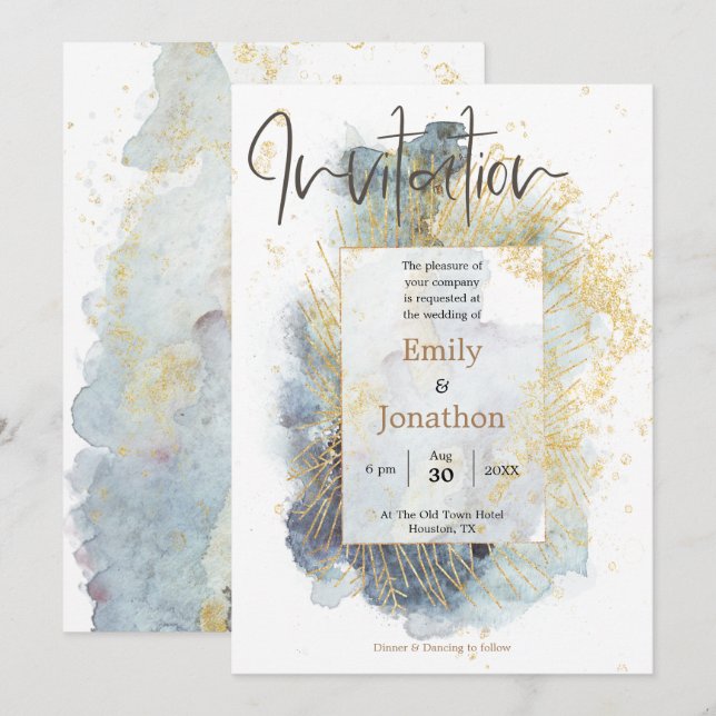 Dramatisk blå vattenfärg Guld Linjer Bröllop Inbjudningar (Fram/baksida)