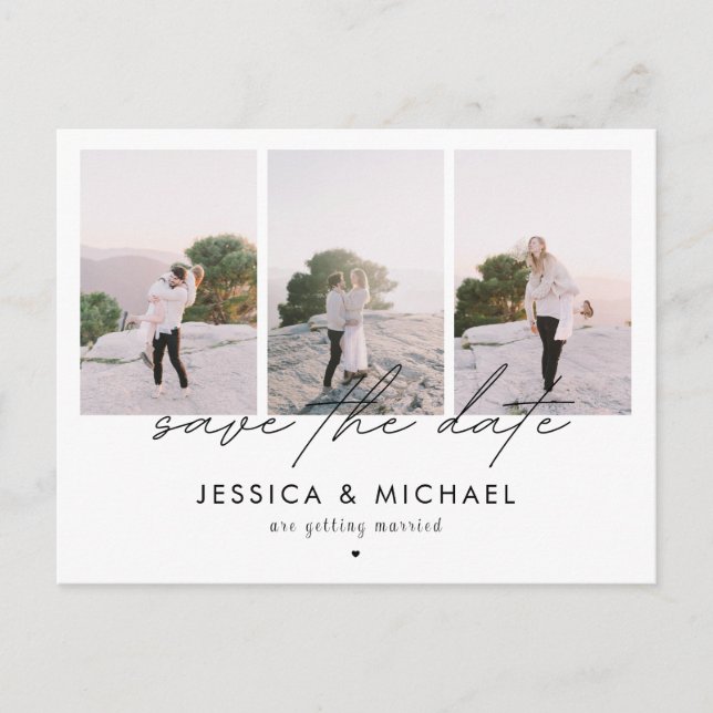 Dramatisk Chic Skript 3 Fotokollage Spara datum Vykort (Framsida)