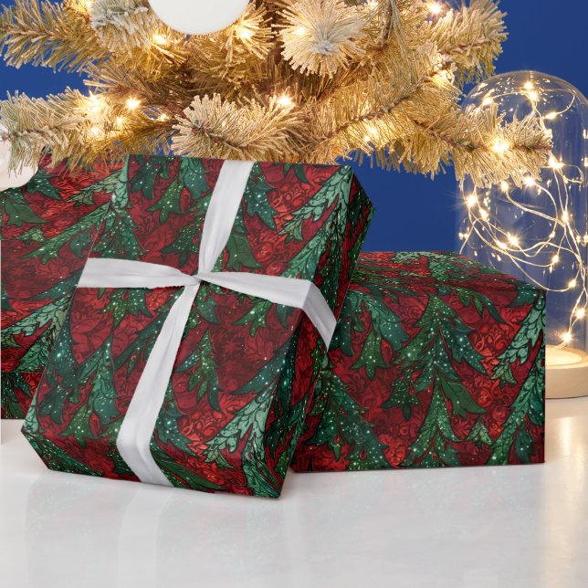 Dramatisk gotisk röd och grön glitter julgran presentpapper (Helgdagar)