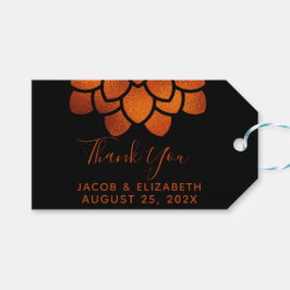 Dramatisk kopparblomma på svart Tack-kort   Presentetikett