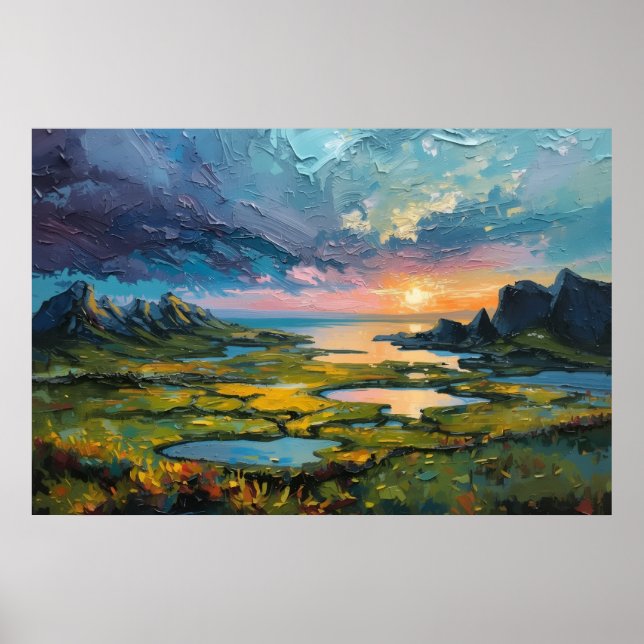Dramatisk kustsolnedgång bergslandskap poster (Framsidan)