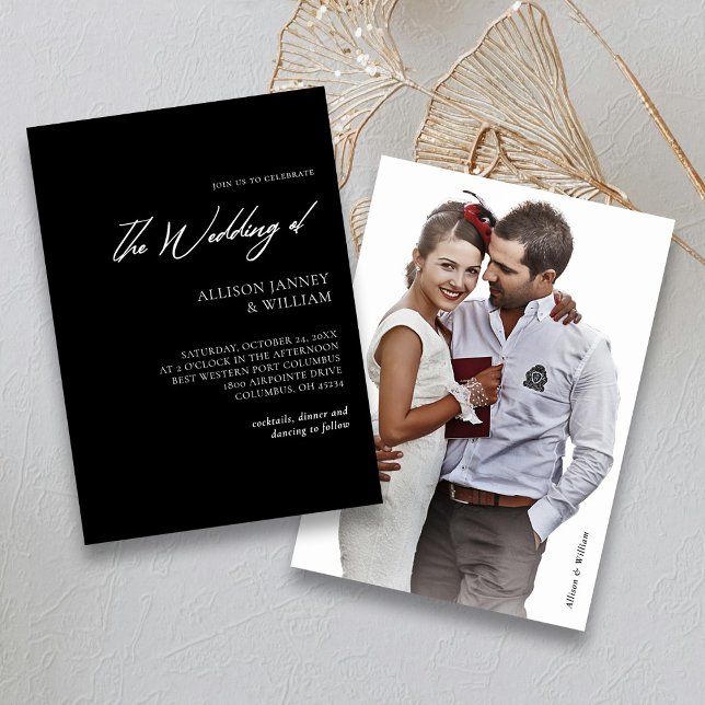 Dramatisk legans: Vitt skript på Black Bröllop Inbjudningar (Dramatic Elegance White Script on Black Wedding Invitation Personalized)
