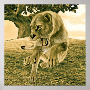 Dramatisk Lejoninna Safari Vilda Djur Konst Poster