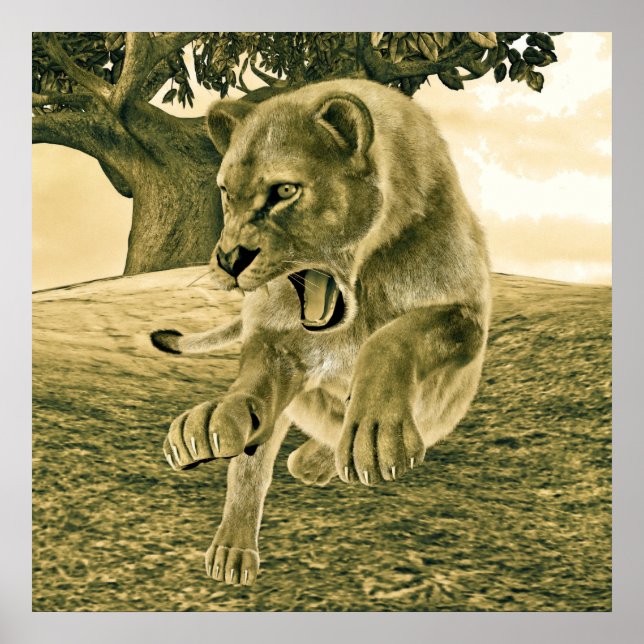 Dramatisk Lejoninna Safari Vilda Djur Konst Poster (Framsidan)