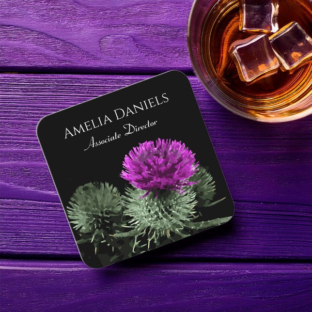 Dramatisk Lila Thistle på Black Affärskort Fyrkantigt Visitkort (Skapare uppladdad)