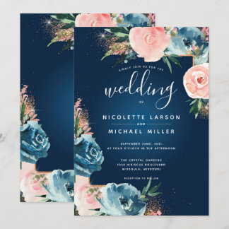Dramatisk marin blå och Blommigt Boho Glitter Inbjudningar