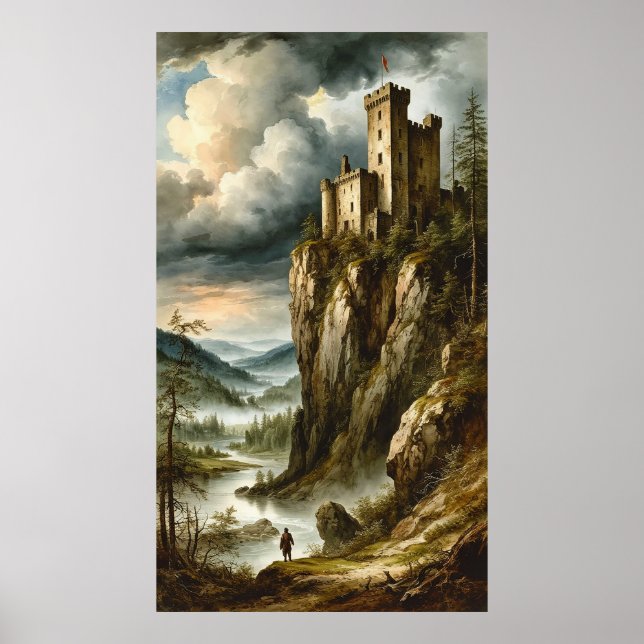 Dramatisk medeltida klippslott Stormlandskap Poster (Framsidan)