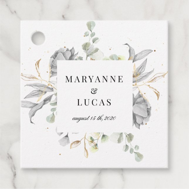 dramatisk silver blommigt monogram bröllop gåvor etiketter (Framsida)