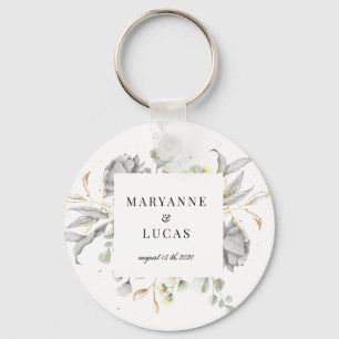 dramatisk silver blommigt monogram bröllop nyckelring