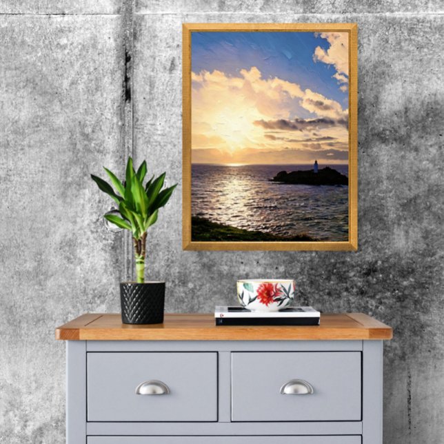 Dramatisk solnedgång över Godrevy fyr, Cornwall Fototryck (Your home deserves this view! Iconic Godrevy Lighthouse print. )