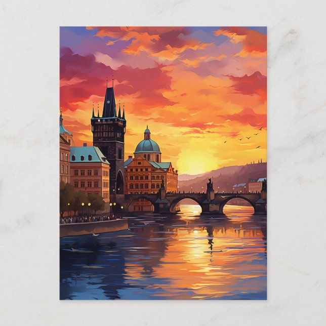 Dramatisk solnedgång över Iconic Charles Bridge Vykort (Framsida)
