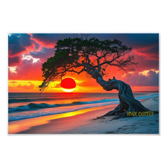 Dramatisk solnedgångsträd över oceanens strandvägg fototryck (Framsidan)