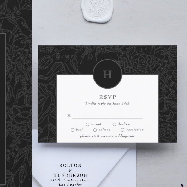 Dramatisk svart Elegant Monogram Blommigt Utandnin OSA Kort (RSVP showcasing suite - additional items (bought separately))