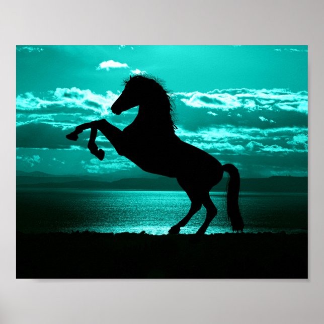 Dramatisk svart häst teal himmel fredlig  poster (Framsidan)