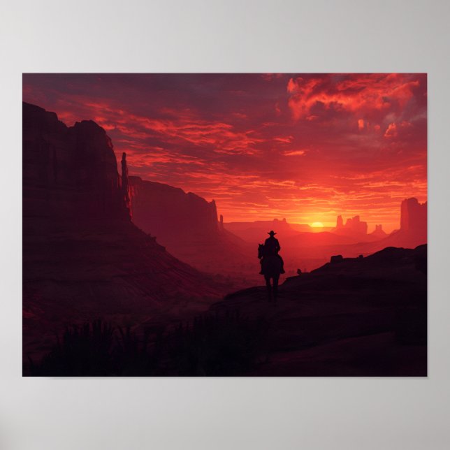 Dramatisk västerländsk cowboy-solnedgång Röd Canyo Poster (Framsidan)