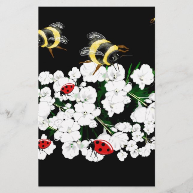 Dramatiska bilejbuggar och vita blommor på svart brevpapper (Framsida)