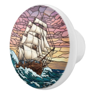 Dramatiska havet, fartyg, solnedgång, vintage naut knopp