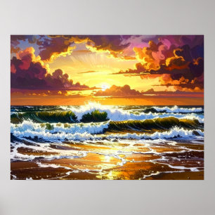 Dramatiska havsvågor på strand solnedgång konst poster