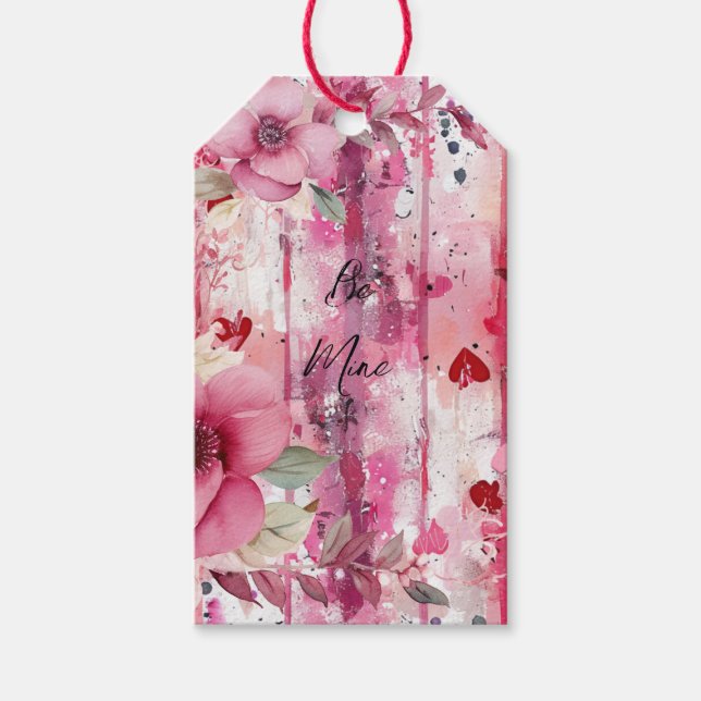 dramatiska hjärtan för blommigt av rosa Valentine Presentetikett (Framsidan)