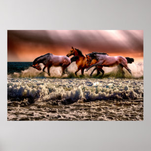 Dramatiskt fotografi av hästar som springer på en poster