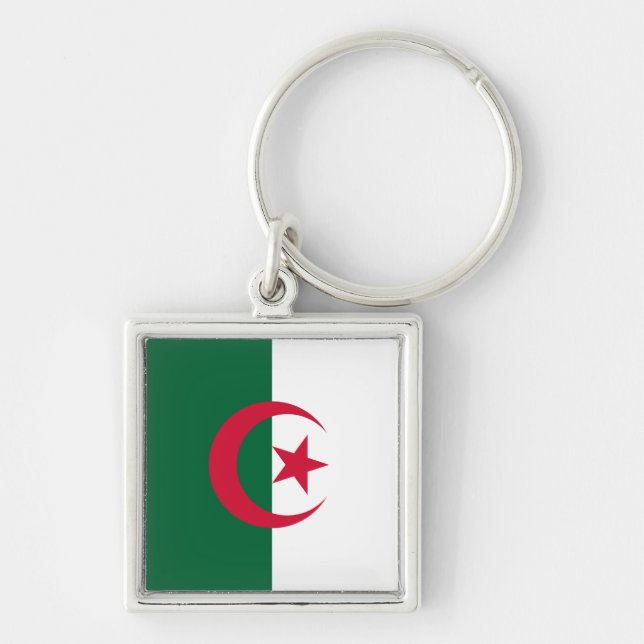 Drapeau Algérie Fyrkantig Silverfärgad Nyckelring (Framsidan)