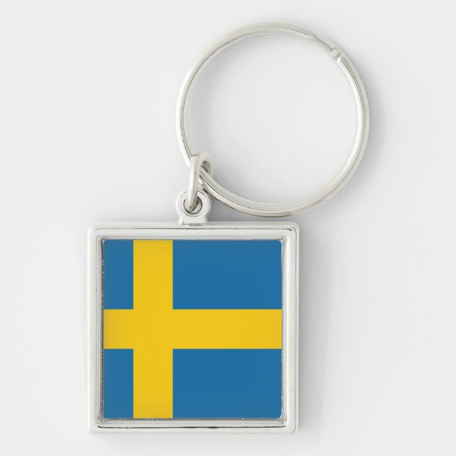 Drapeau Suède Fyrkantig Silverfärgad Nyckelring (Framsidan)