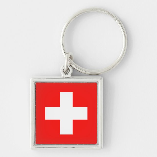 Drapeau Suisse Fyrkantig Silverfärgad Nyckelring (Framsidan)