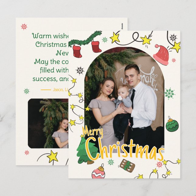 Draw Christmas Family Photo Greeting Card Helg Vykort (Fram/baksida)