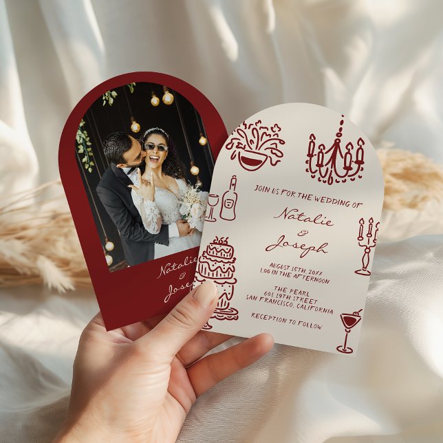 Drawn Burgundy Romantic Photo Arched Wedding Inbjudningar (Skapare uppladdad)