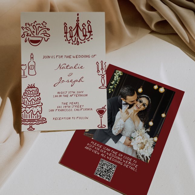 Drawn Burgundy Whimsical Photo QR Code Wedding Inbjudningar (Skapare uppladdad)