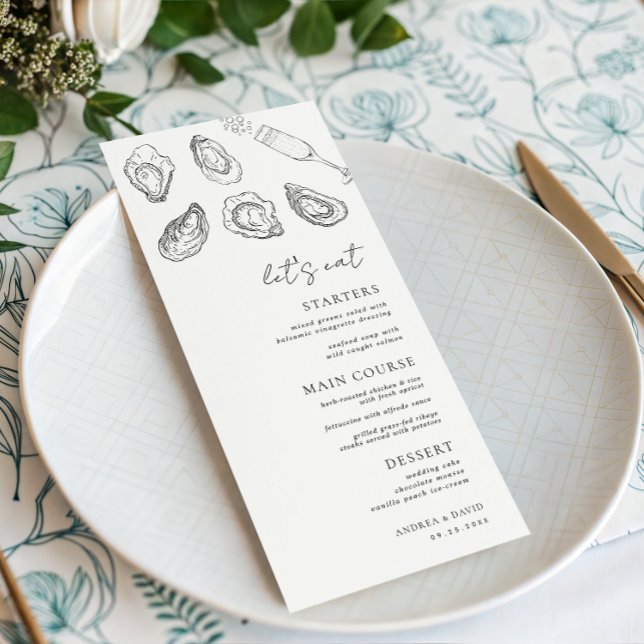 Drawn Champagne Oysters Låt oss Eat White Bröllop Meny (Skapare uppladdad)