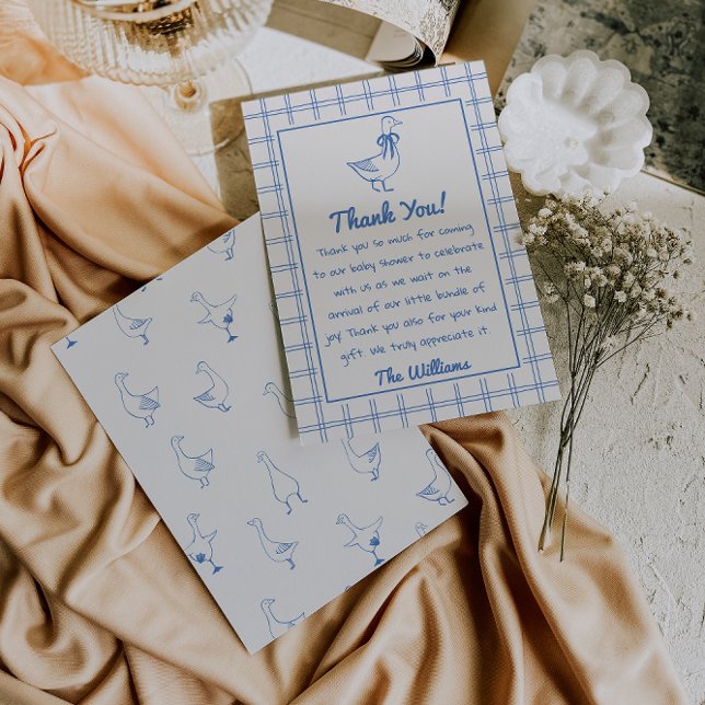 Drawn Goose Gingham Blue Classic Boy Baby Shower Tack Kort (Skapare uppladdad)