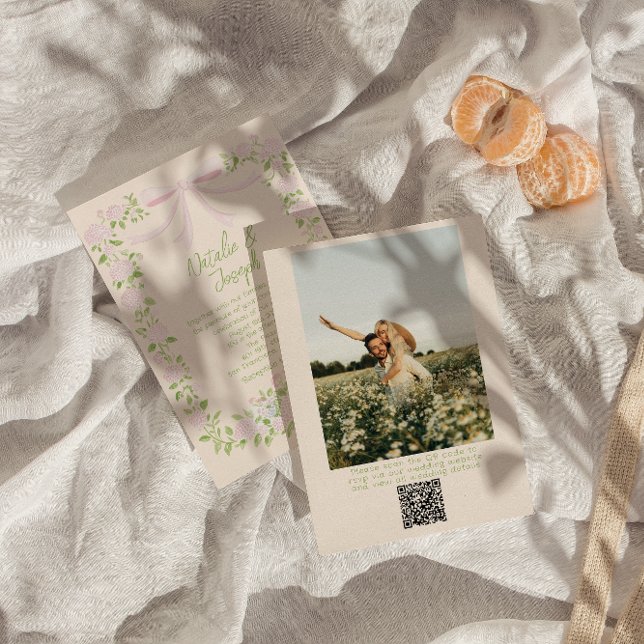  Drawn Green Pink Bow Floral Photo QR Code Wedding Inbjudningar (Skapare uppladdad)