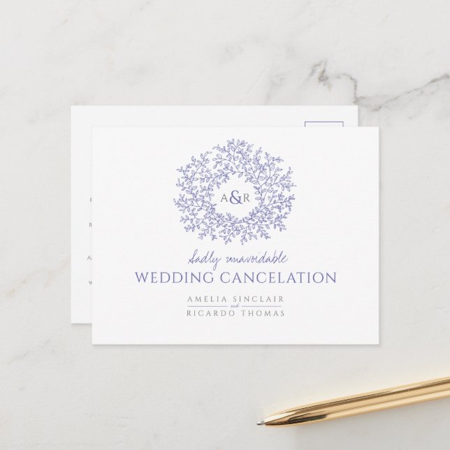 drawn leaf monogram wedding cancelation meddelande vykort (Fram/Back In Situ)
