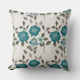 Drawn Roses In Muted Blues And Greens Scattered Kudde