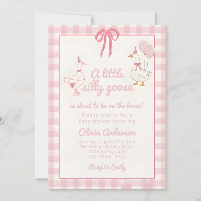 Drawn Silly Goose pink Gingham Ribbon Baby Shower Inbjudningar (Framsida)