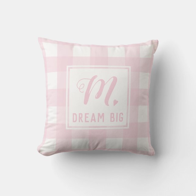 Dream Big Baby Rosa Monogram Extra Large Gingham Kudde (Framsida)