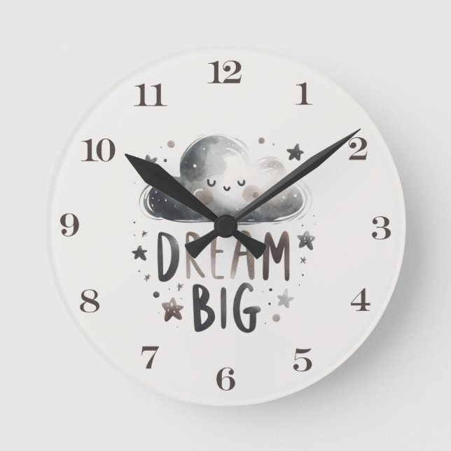 Dream Big Cloud and Stars Nursery Wall Clock Rund Klocka (Framsida)