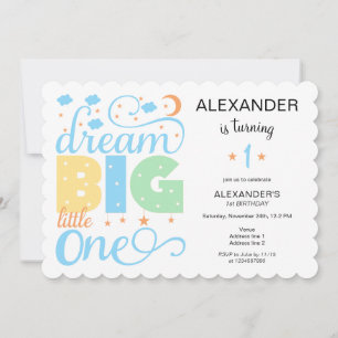 Dream Big Little One Blue Pojke 1st Birthday Inbjudningar