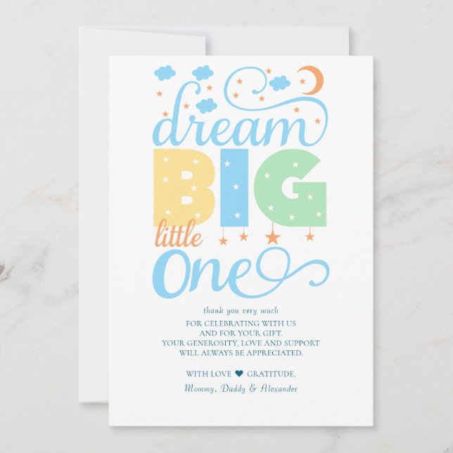 Dream Big Little One Blue Pojke 1st Birthday Tack Kort (Framsida)