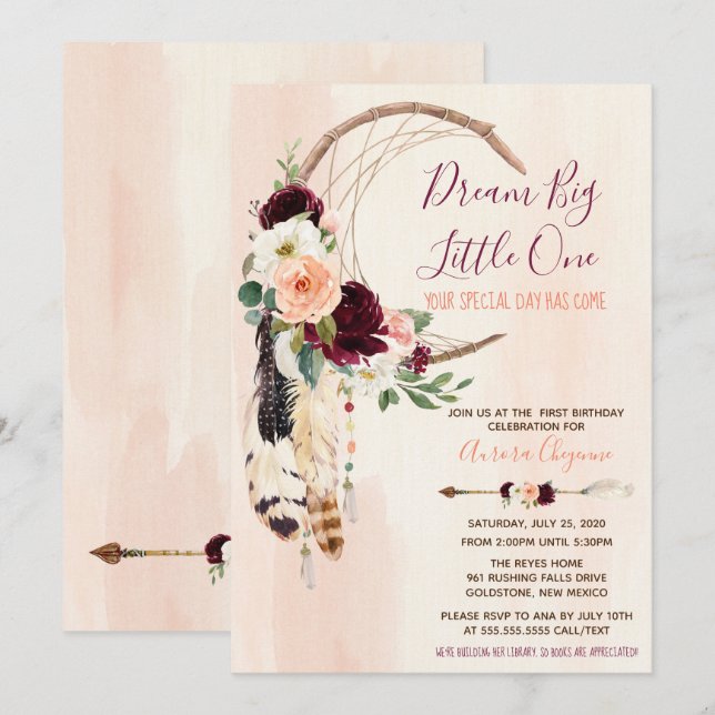 Dream Big Peach & Burgundy Boho Första födelsedag Inbjudningar (Fram/baksida)