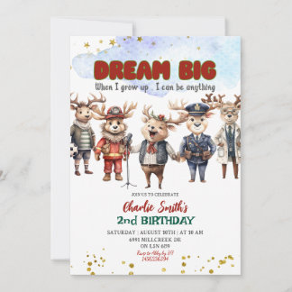 Dream Big Reindeer Career Theme Kids Birthday Inbjudningar