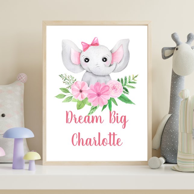Dream Big Rosa Elephant Flicka Nursery Wall Art Poster (Pink Elephant Baby Girl Nursery Wall Art, Dream Big Personalized Baby Gift)