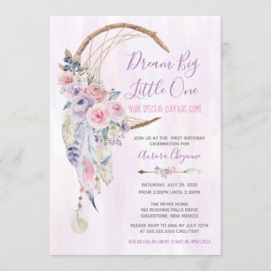 Dream Big Rosa & Lila Boho Första Födelsedagsfeste Inbjudningar