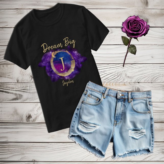 Dream Big Space Galaxy Metallic Guld Monogram Namn T Shirt (Skapare uppladdad)
