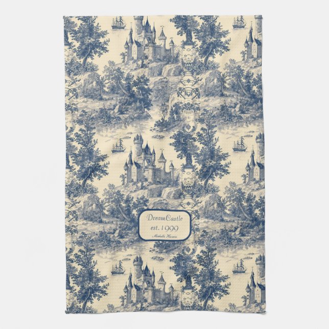 Dream Castle Classic Blue och Ivory Toile de Jouy Kökshandduk (Vertikal)