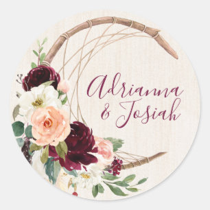 Dream Catcher Måne Peach & Burgundy Boho Bröllop Runt Klistermärke