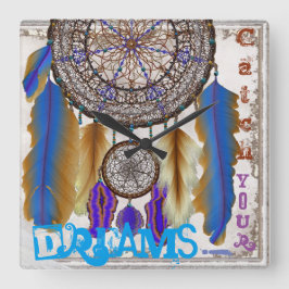 Dream catcher med magiska fågelblåfjädrar fyrkantig klocka