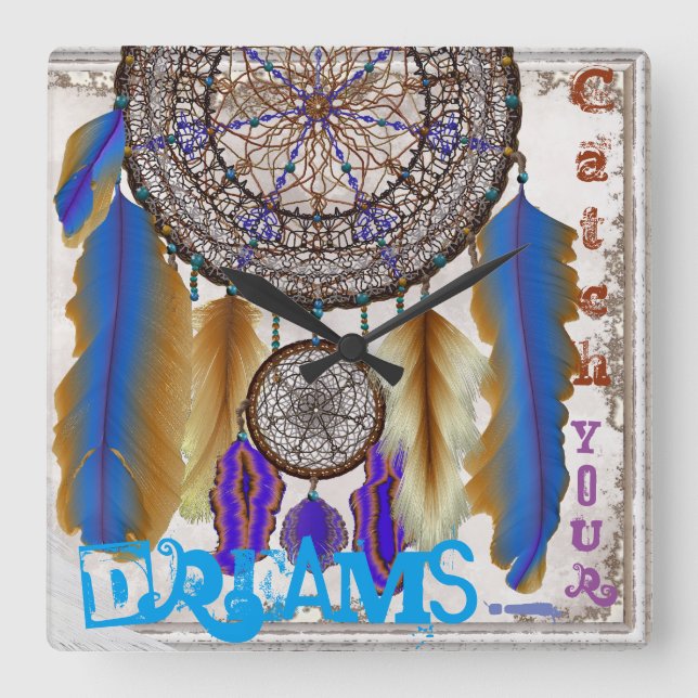 Dream catcher med magiska fågelblåfjädrar fyrkantig klocka (Framsida)